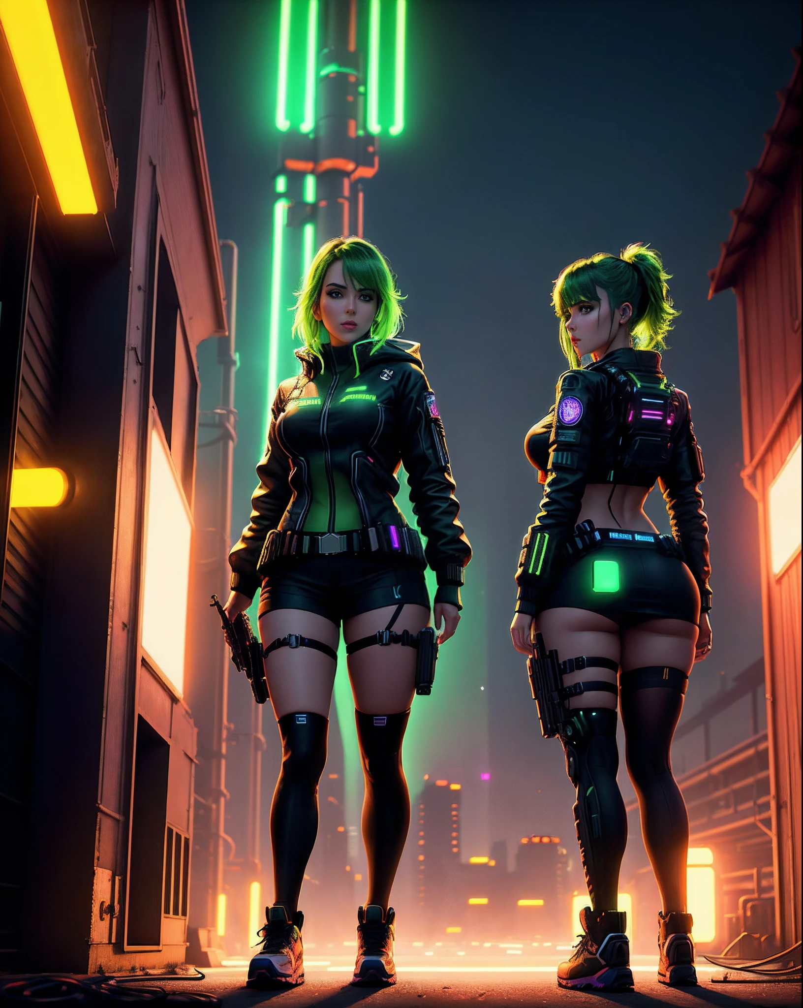 (best quality, masterpiece:1.2), 8k detailed cgi render, thick outlines, strong shadows, sfw, movie poster of( 2girls, adult twin girls:1.1), long green multicolored hair, back-to-back, posing, confident, closeup shot, looking at viewer,  standing, cyberpunk assassin outfit, tattos, holding guns, techwear, advanced technology, dark dystopia, fluorescent lit-up mechanical parts, neon,  cinematic atmosphere, symmetrical composition, barn in background,  fluorescence, bokeh, particle effects,