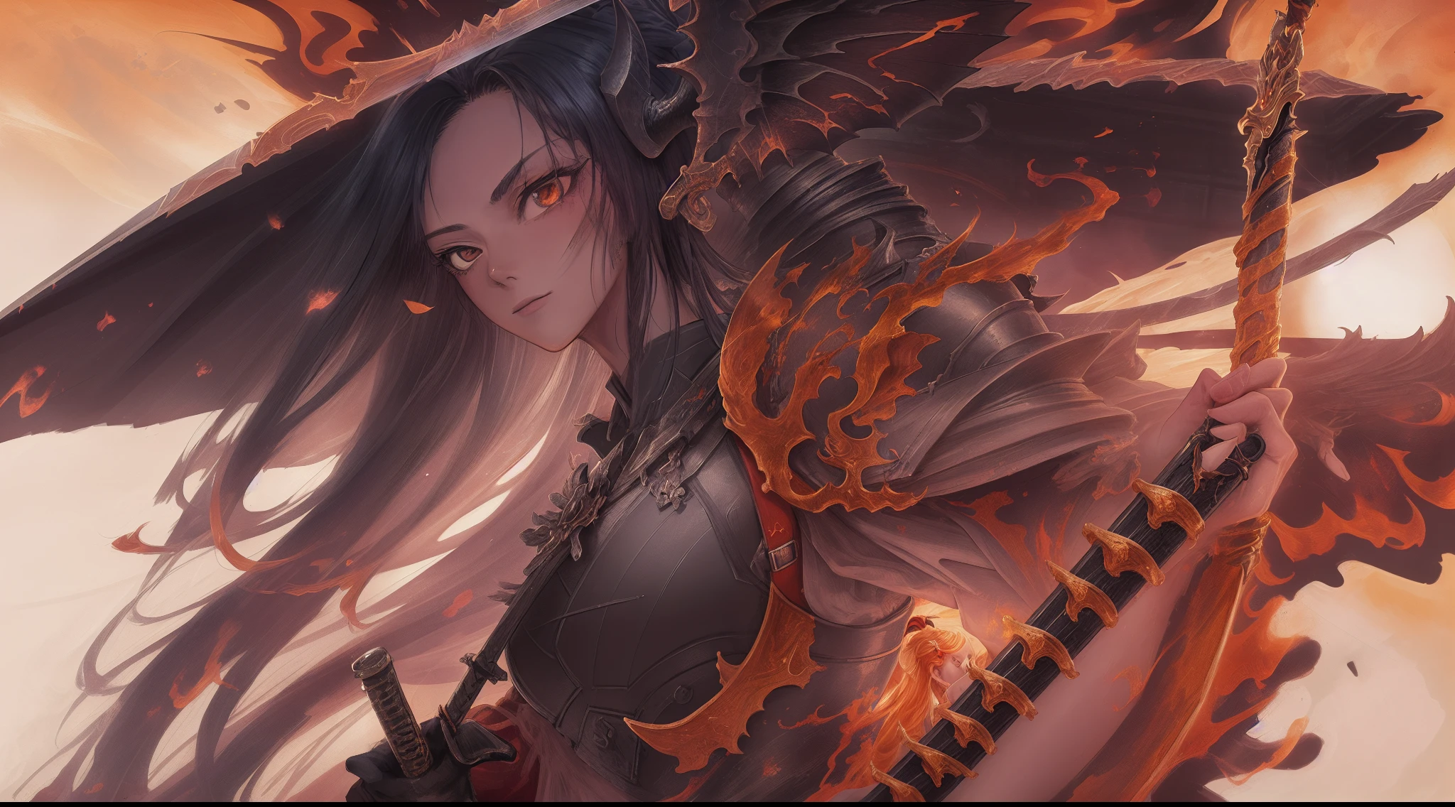 there is an illustration of a woman samurai fighting a red skinned demon in the streets at night. A Japanese woman samurai, a female warrior, ultra detailed face (best details, Masterpiece, best quality: 1.5), ultra feminine, exquisitely beautiful pale skin, long hair, black hair, dynamic eyes color, armed with a katana (best details, Masterpiece, best quality: 1.5), shinning sword (best details, Masterpiece, best quality: 1.3) wearing armor. BREAK  a [demon] (best details, Masterpiece, best quality: 1.4), red skinned (best details, Masterpiece, best quality: 1.5), black eyes, black mane, bat wings (best details, Masterpiece, best quality: 1.5), horns, big horns, armed with a long blade covered in flames (best details, Masterpiece, best quality: 1.5), covered in red fire. medieval Japanese street (best details, Masterpiece, best quality: 1.4) background, night time, moon light, street lamp light, Ultra-Wide Angle, high detail, award winning, best quality, HD, 16K,  high details, best quality, highres, ultra wide angle, photorealistic, ultra realistic [[anatomically correct]]