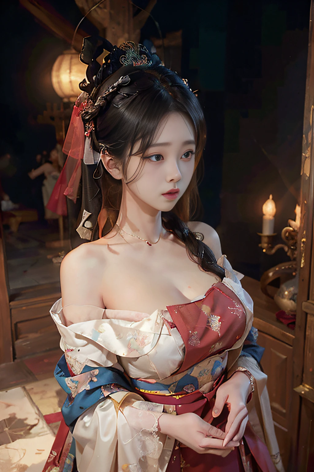 8k, RAW Photo, Best Quality, Masterpiece: 1.2), (Realistic, Photo Realistic: 1.4), {{{1girl}}},, Depth of Field, Full Body, Cinematic Lighting, princess 8 yeald old cute, (huge ，cleavage), Beautiful Facial Features, Beautiful Body, Sweating, , Depth of Field, Skin, Ears, Pale Skin, Best Quality, Masterpiece, Illustration, an extremely deciple and beautiful, extremely detailed,CG,unity,8k wallpaper,amazing,finely detail,master,best quality,official art,extremely detailed CG unity 8k wallpaper,ridiculous,incredibly ridiculous,huge file size, super verbose, high resolution, very verbose, Beautiful detailed girl, very detailed eyes and face, beautiful detailed eyes, light on face, (Hanfu: 1.1), lace silk thin, petticoat