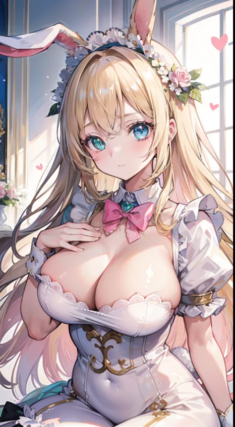 High quality, masterpiece, ultra-detailed, 1girl, bunny maid outfit, pink heart on chest, solo, peaceful expression, long blonde hair, enchanting eyes, blue and green eyes, heterochromia, bunny ears, ridiculously large breasts, shiny skin, bedroom