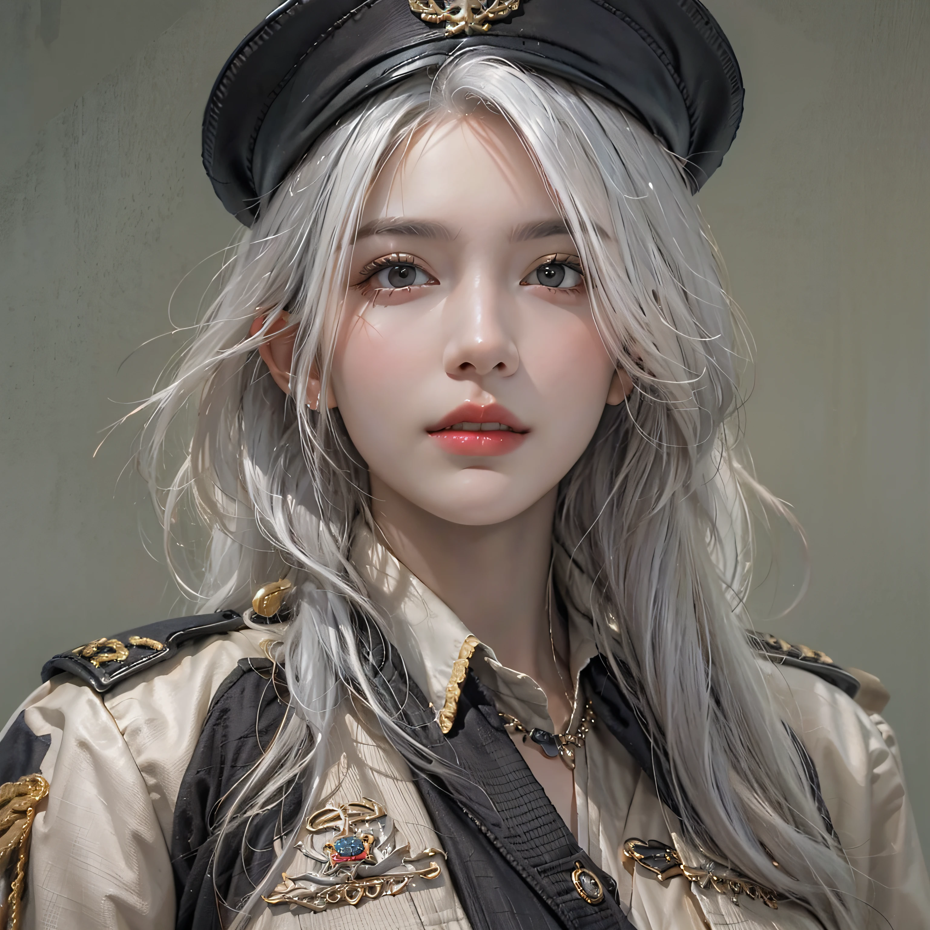 photorealistic, high resolution, 1women, solo, hips up, look at viewer, (detailed face), white hair, long hair, military uniform, jewelry