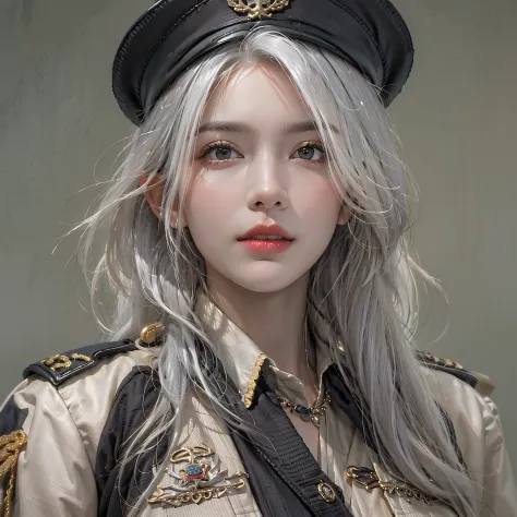 photorealistic, high resolution, 1women, solo, hips up, look at viewer, (detailed face), white hair, long hair, military uniform...