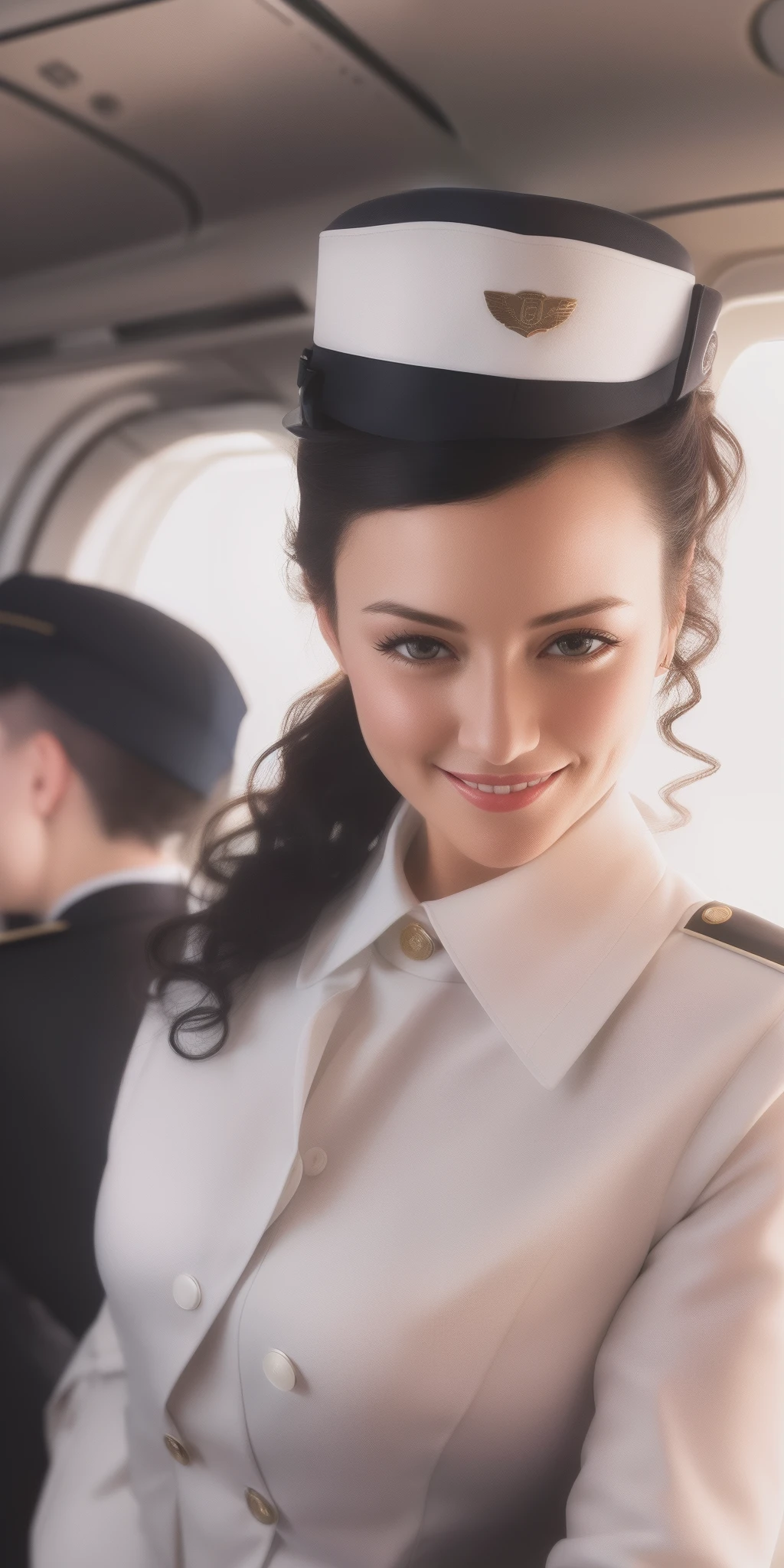 (พนักงานต้อนรับบนเครื่องบินชุดเร้าอารมณ์สีขาว), มองดูผู้ดู, ยิ้ม, คลิวิดจ์, ถุงน่อง, มีความสุข, หยิกผมสั้นสีดํา, ยืน, ภายในเครื่องบิน,