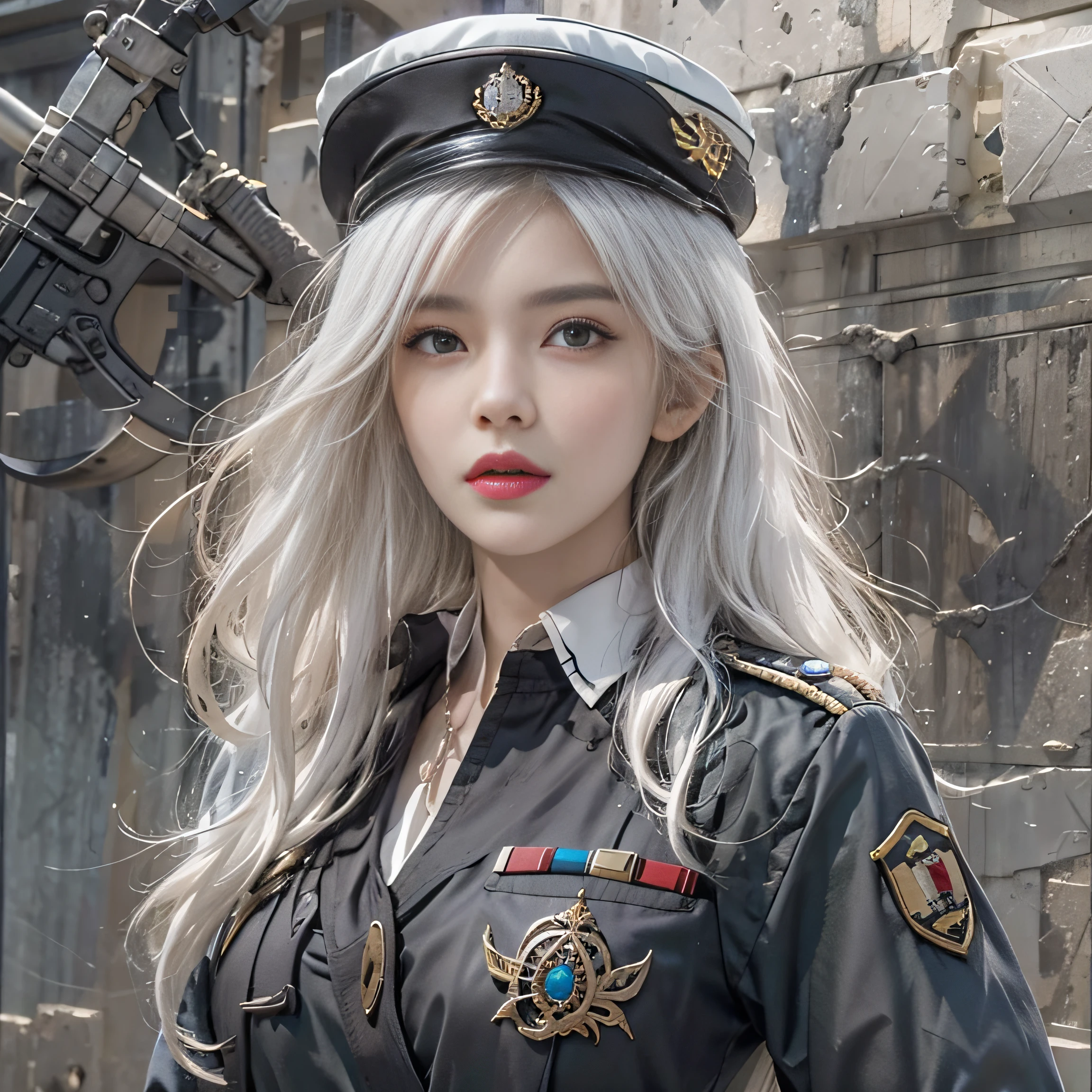 photorealistic, high resolution, 1women, solo, hips up, look at viewer, (detailed face), white hair, long hair, military uniform, jewelry