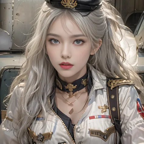 photorealistic, high resolution, 1women, solo, hips up, look at viewer, (detailed face), white hair, long hair, military uniform...