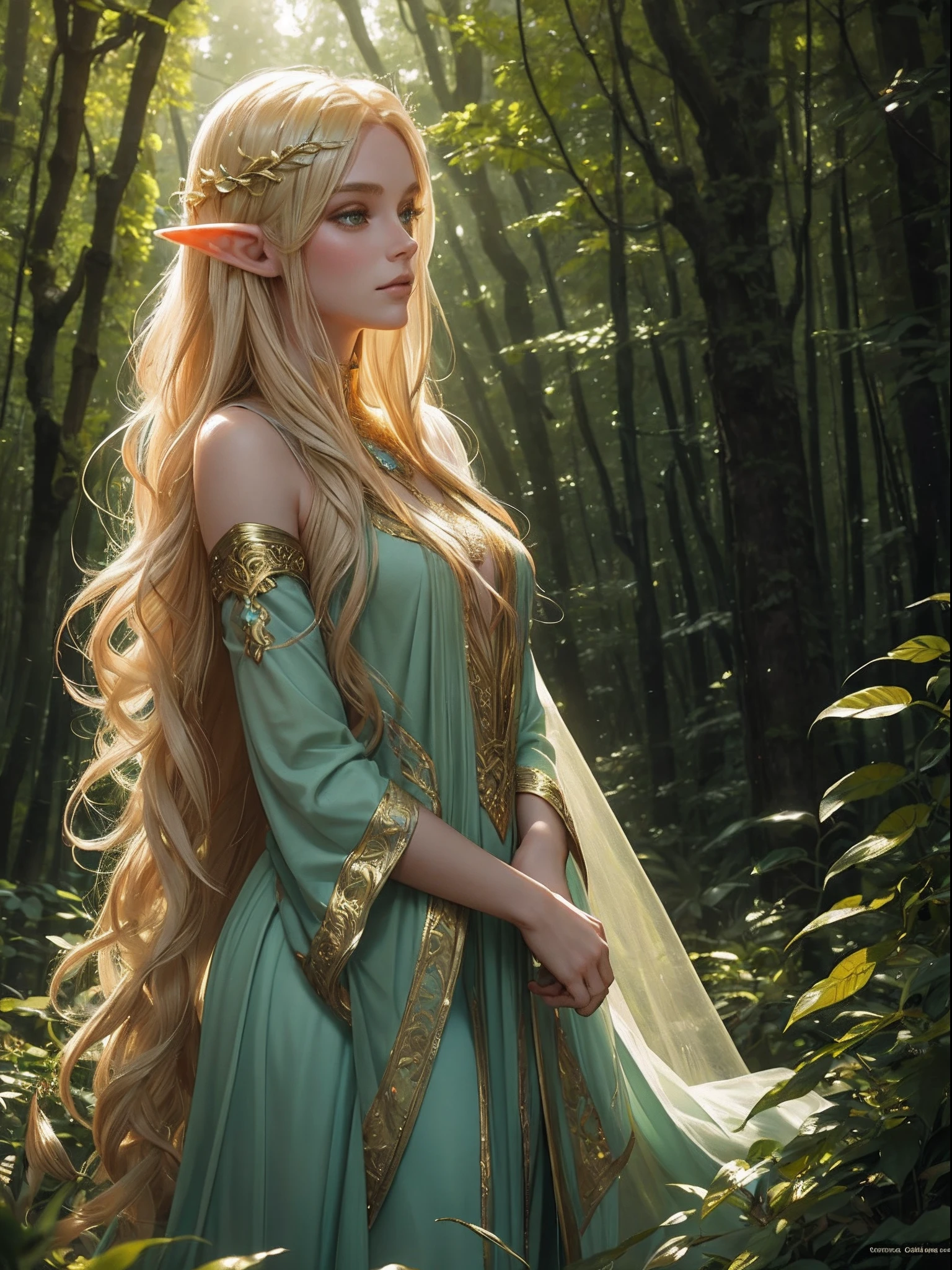 "Elf with a captivating gaze, ethereal beauty, flowing golden hair, adorned in intricate elven attire, surrounded by mystical forest, soft sunlight filtering through lush greenery."