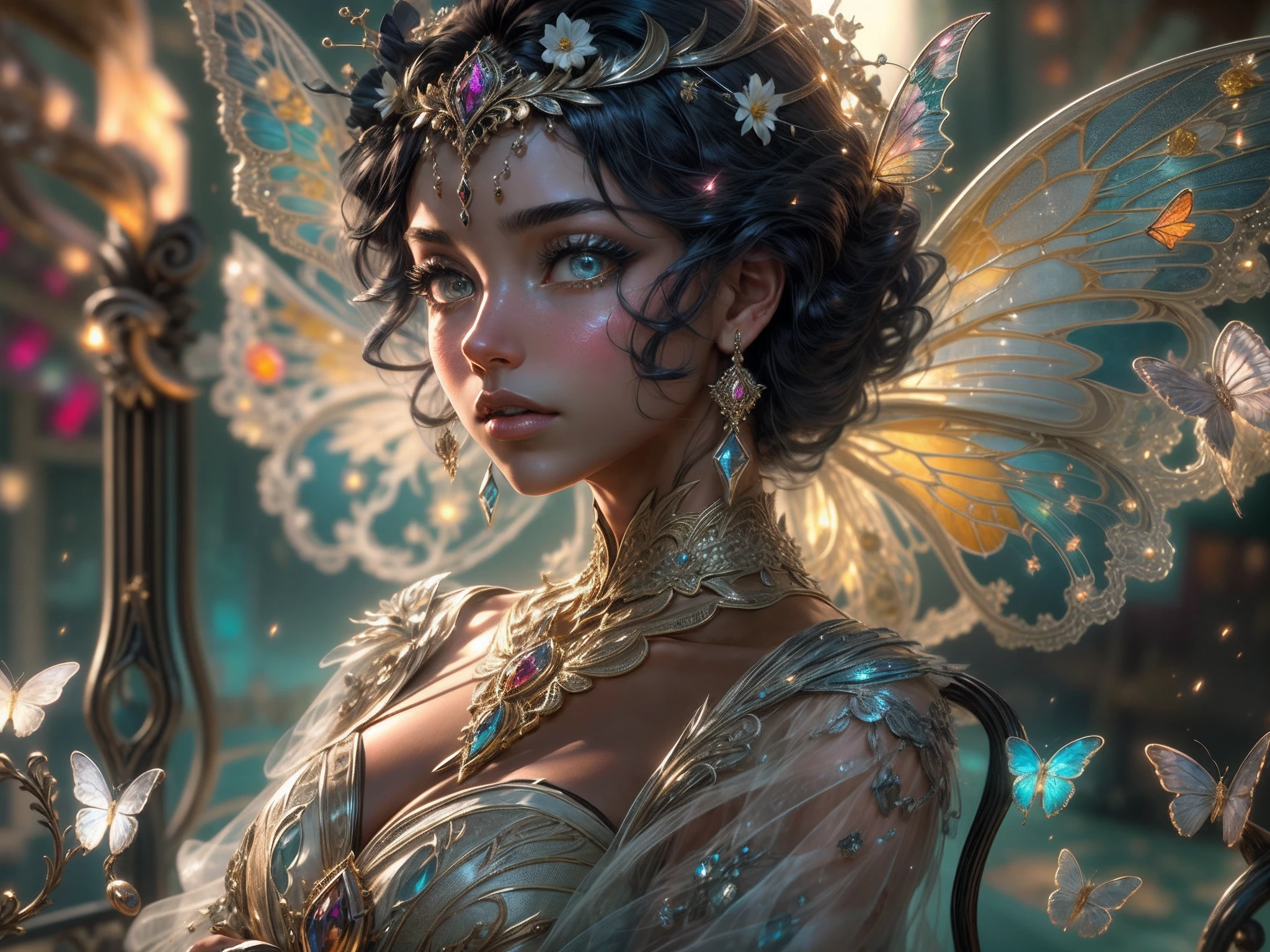 This is a realistic fantasy masterpiece with lots of shimmer, glitter, and intricate ornate detail. Generate one  woman with a beautiful and delicate crown sitting on a garden swing at night. She is a beautiful and seductive butterfly queen with stunning curly black hair, (((incredibly realistic and detailed dynamic eyes in bright colors with realistic shading))).  Her skin is translucent white, her eyes sparkle, and her dress is elegant. Her dress is spun of the finest gossamer silk with delicate, intricate, and subtle floral detailing and gold silk butterfly sleeves. Her face is lovely and . Include glow-in-the-dark flowers, lots of particles, highly realistic fantasy butteflies with translucent jewel-toned wings and fine detailing, and glow. The artwork is done in the style of Guviz and brings to mind masters in the genre such as trending fantasy works on Artstation and Midjourney. Camera: Utilize dynamic composition techniques to emphasize etherealness and delicate detail.