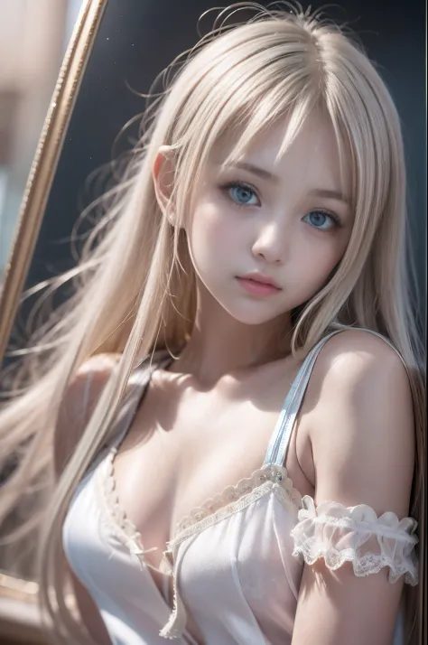 bright expression、poneyTail、Young shiny shiny white shiny skin、Best Looks、Blonde reflected light、(Platinum blonde hair with dazzling highlights)、shiny light hair,、Super long silky straight hair、Beautiful bangs that shine、Glowing crystal clear attractive bi...