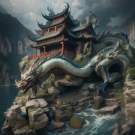 chinesedragon，the sea，writhe，downpours，salama，Cave House，Works of masters，Best image quality，high detal，超高分辨率，in a panoramic view，first person perspective，telephoto lenses，3D photography