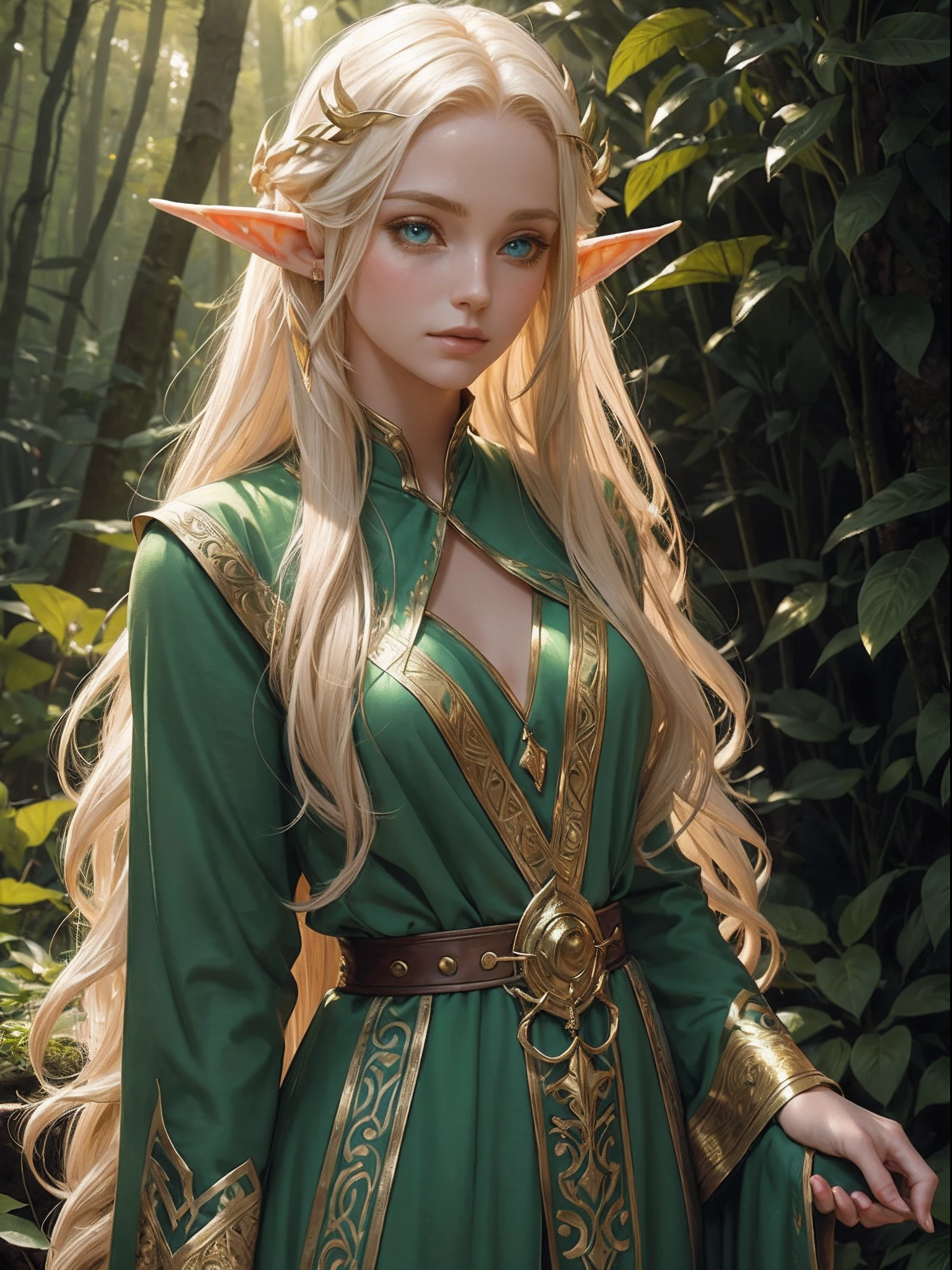 "Close-up Elf with a captivating gaze, ethereal beauty, flowing golden hair, pointed ears, adorned in intricate elven attire, surrounded by mystical forest, soft sunlight filtering through lush greenery."