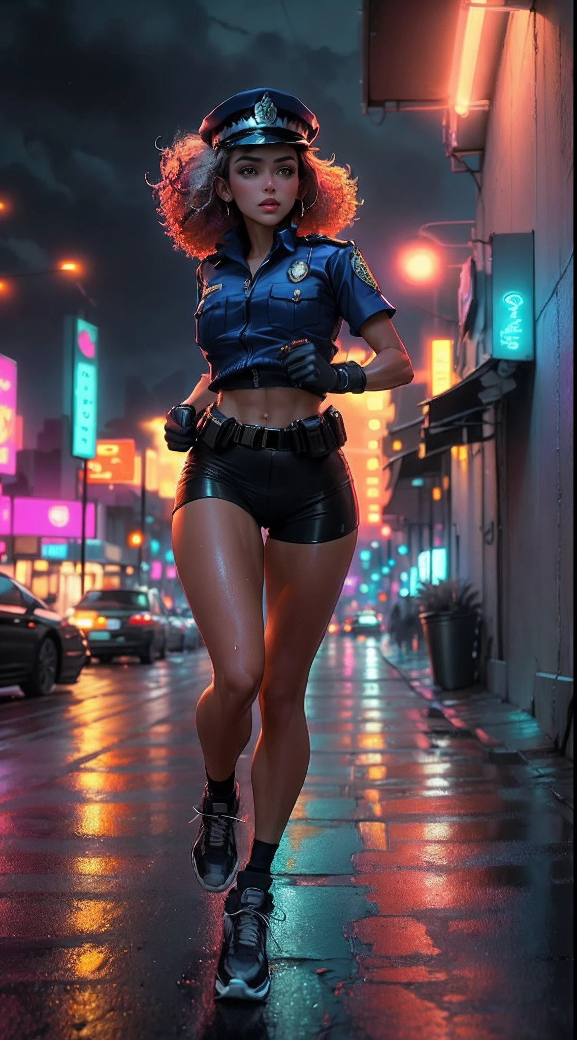 Beautiful woman 1female with curly hair style in a police cap, Short police clothes in the style of cyberpunk police, Tanned:2 Skin, It looks contrasting, good anatomy, Muscles are drawn, running to catch theif,The evening sky is overcast, in the background ((nighttime)) Colorful Neon City, wet asphalt, low angle camera view