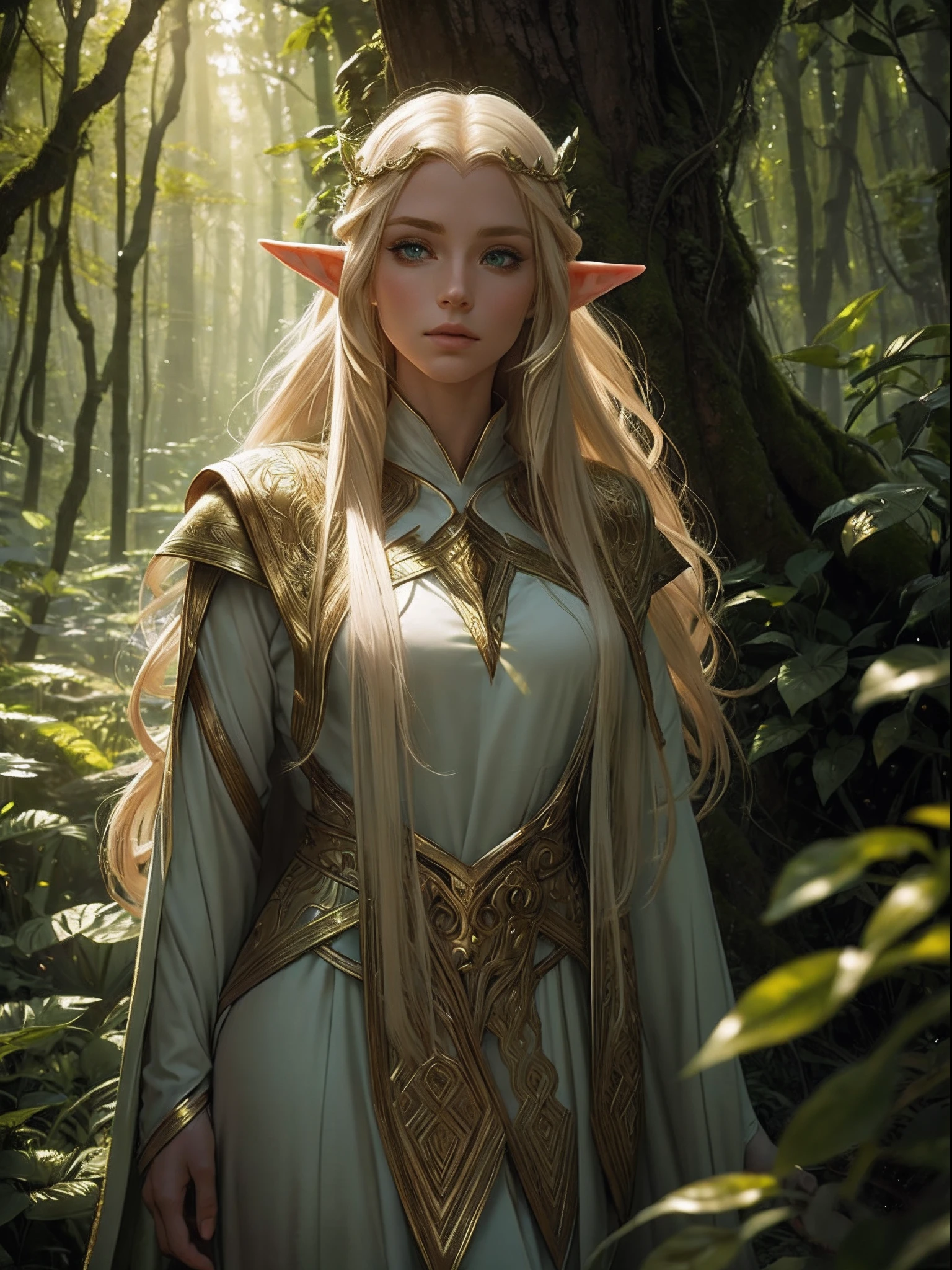 "目光迷人的精灵, 空灵之美, 飘逸的金发, 尖耳朵, 穿着精致的精灵服饰, 被神秘的森林包围, 柔和的阳光透过茂密的绿植."