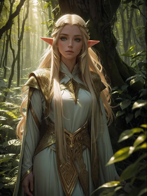 "Elf with a captivating gaze, ethereal beauty, flowing golden hair, pointed ears, adorned in intricate elven attire, surrounded ...