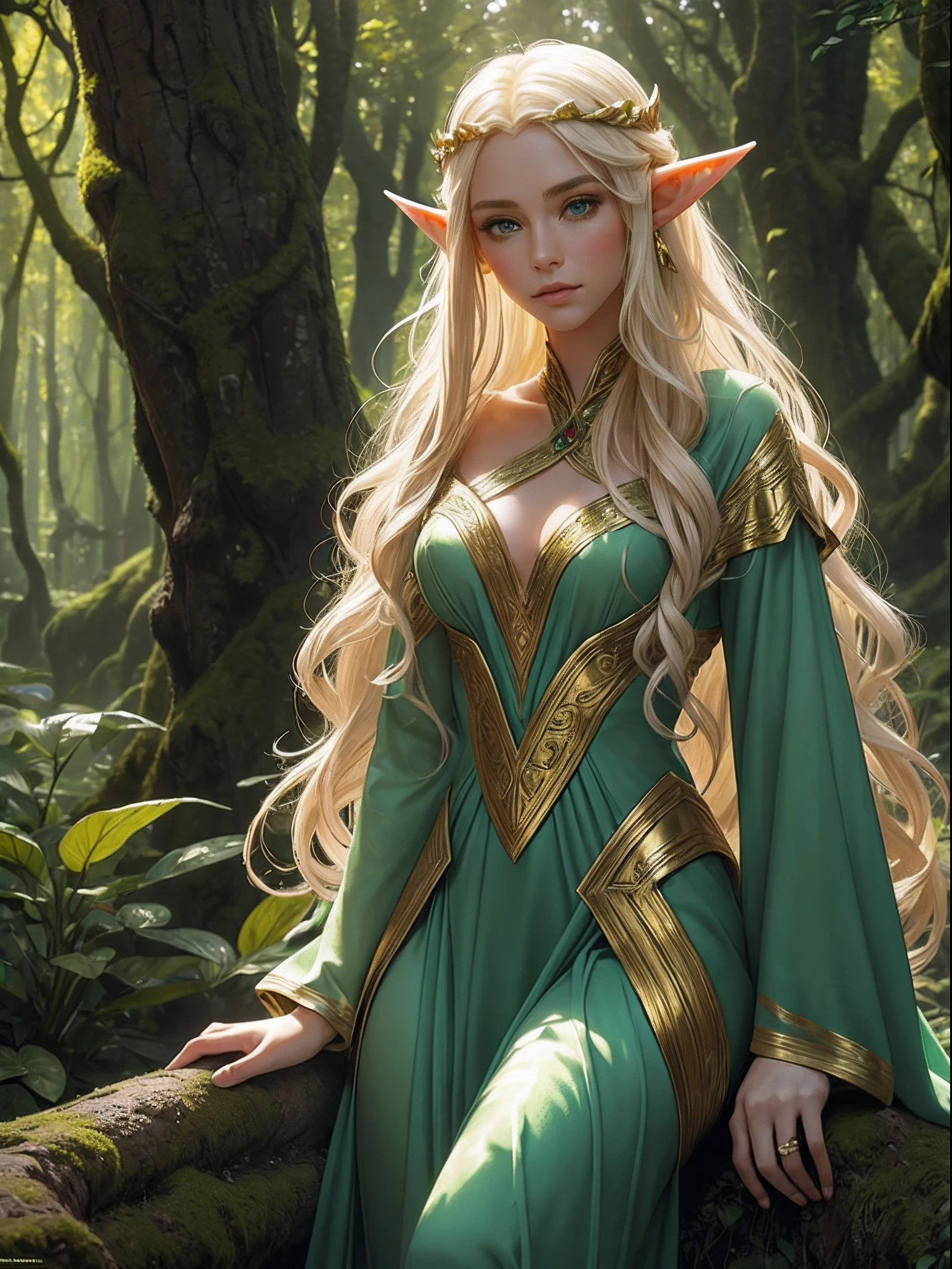 "目光迷人的精灵, 空灵之美, 飄逸的金髮, 尖耳朵, 穿著精緻的精靈服裝, 被神秘森林包圍, 柔和的陽光透過茂密的綠色植物."
