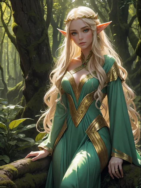"Elf with a captivating gaze, ethereal beauty, flowing golden hair, pointed ears, adorned in intricate elven attire, surrounded ...