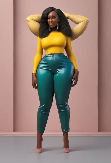 A woman in a yellow top and green pants poses for a photo - SeaArt AI