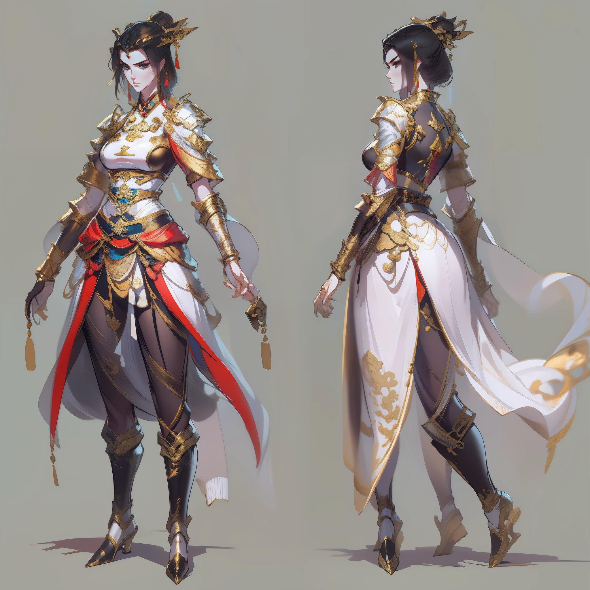 Close-up of a short woman in her 30s, brunette color hair, Wearing a black and white dress, Queen of China, Female swordsman, China Princess, Xianxia whole body, Standing in a Chinese temple, new costume concept design, In the style of blade and soul, full body character concept, Detailed character design, inspired by Yang Jin, inspired by Li Mei-shu, lunar themed attire, Low-cut clothing, exposing her chest, golden outfit, inspired by Ju Lian, colored concept art, Highly detailed character design, Highly detailed face, Inspired by Ai Xuan, very highly detailed face, unreal engine rendered, final fantasy 14 style