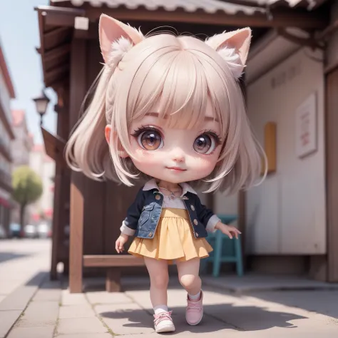 Cute Baby Chibi Anime,（（（Super masterpiece、top-quality、ultra-detailliert、1 girl in、Chibi：1.5）））、Fashionable Chibi、fashion modell、Wearing a white shirt and gray long gilet,espadrilles、Fashionable city background、outside of house、The best smile、Looking at th...