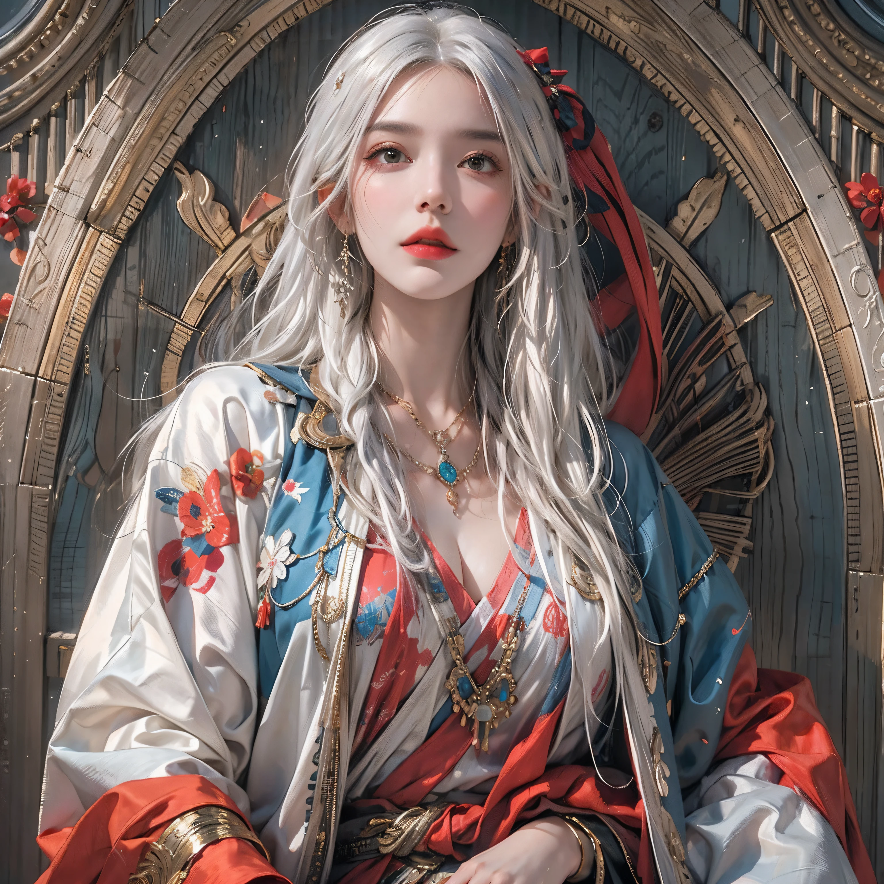 Photorealistic, high resolution, 1womanl, Solo, Hips up, view the viewer, (Detailed face), White hair, Long hair, colorful robes,Oversized clothes, midjourney portrait, jewelry