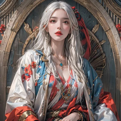 photorealistic, high resolution, 1womanl, solo, hips up, view the viewer, (detailed face), white hair, long hair, colorful robes...