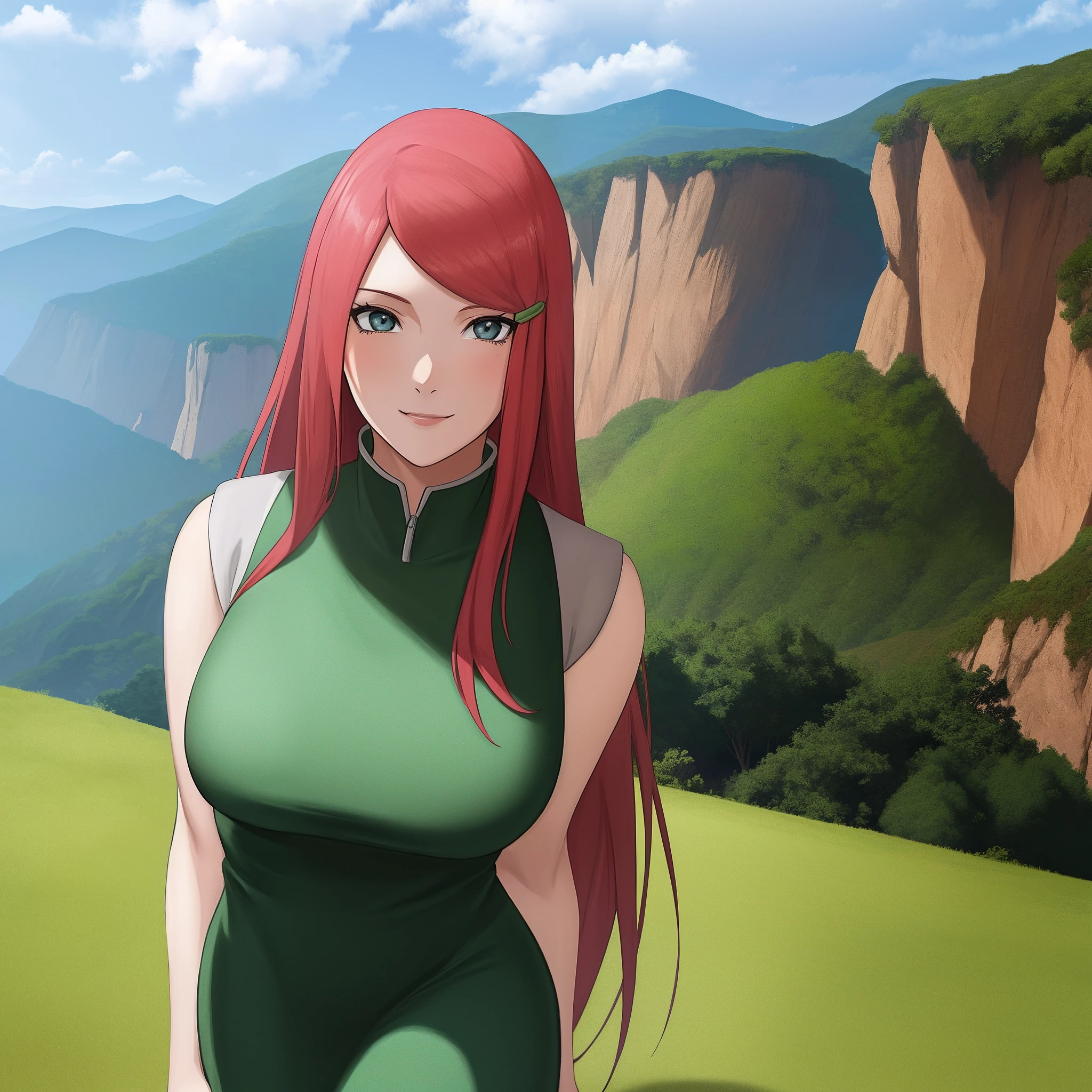 uzumaki_kushina, grande_senos, de pie, solo, kushina_verde_vestido, obra maestra, mejor calidad, cara detallada, ojos detallados, alta resolución, sonrisa, Ghibli, escenario, fondo, (obra maestra:1.4, mejor calidad:1.2), (Ojos bonitos, Rostro Hermoso), (alta resolución), (Ilustración detallada), ultra detallado, mirando al espectador, konohagakure, uzumaki_kushina, kushina_verde_vestido,