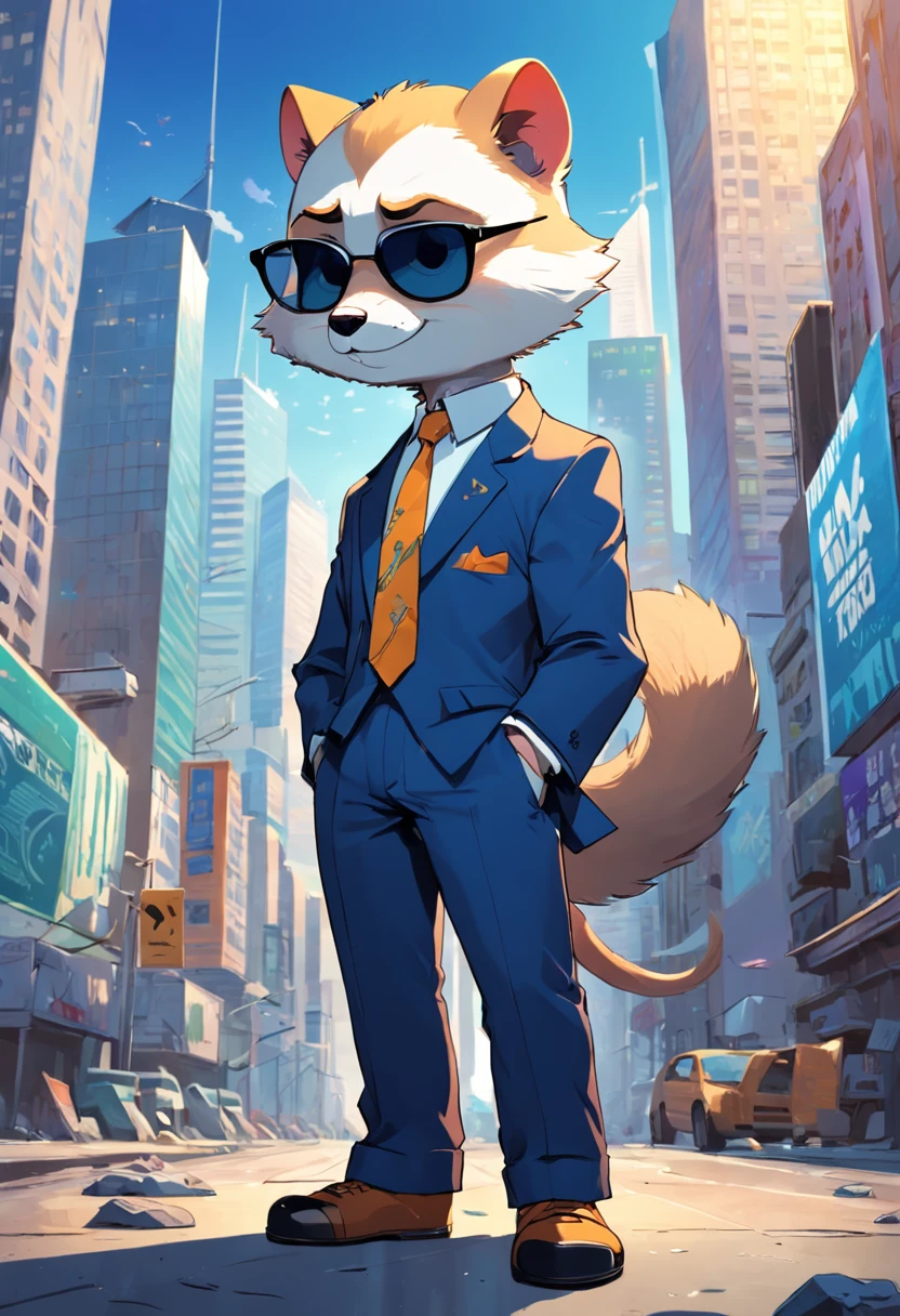 typography background phrase "Hard Work & Dedication" behind urban city skyscrapers & dollar bill symbol, Pixar art style, tri color, graffiti, vector, full body illustration drawing of a Ferret in silhouette, wearing a sunglasses & suit, hip hop pose, minimalistic design, RTX, UHD, cell shading, 8k, ray tracing, well defined, cartoon, realistic, drawing, unreal engine, octane render, shaders