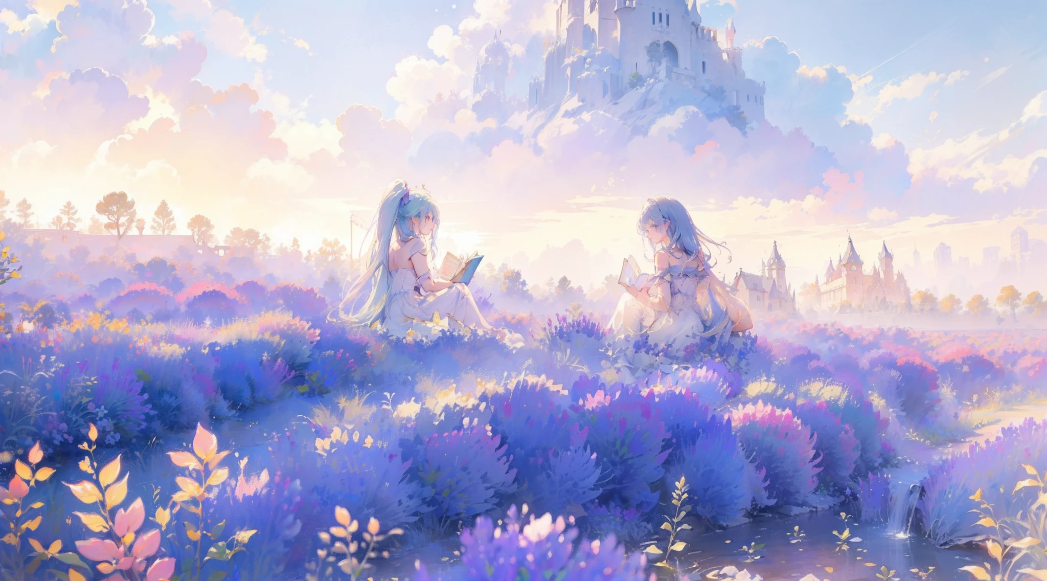 Two anime girls sitting in the field of lavender in front of fantasy castle, one with white haired long braids and wearing blue princess dress and another one is blue haired long side ponytail and wearing deep violent dress , ((both long hair )), shining hair deity, 8k detailed high quality artwork, fantasy artwork, anime fantasy artwork, high quality fantasy art,detailed hair and dress,detailed fantasy background, beautiful anime artwork, girls in cute dress,one with silver hair and another one is with blue hair, masterpiece art,detailed background, high quality wallpaper, flower field background , elegant and delicate girls,reading book pose, tea party,different hair colour,yuri