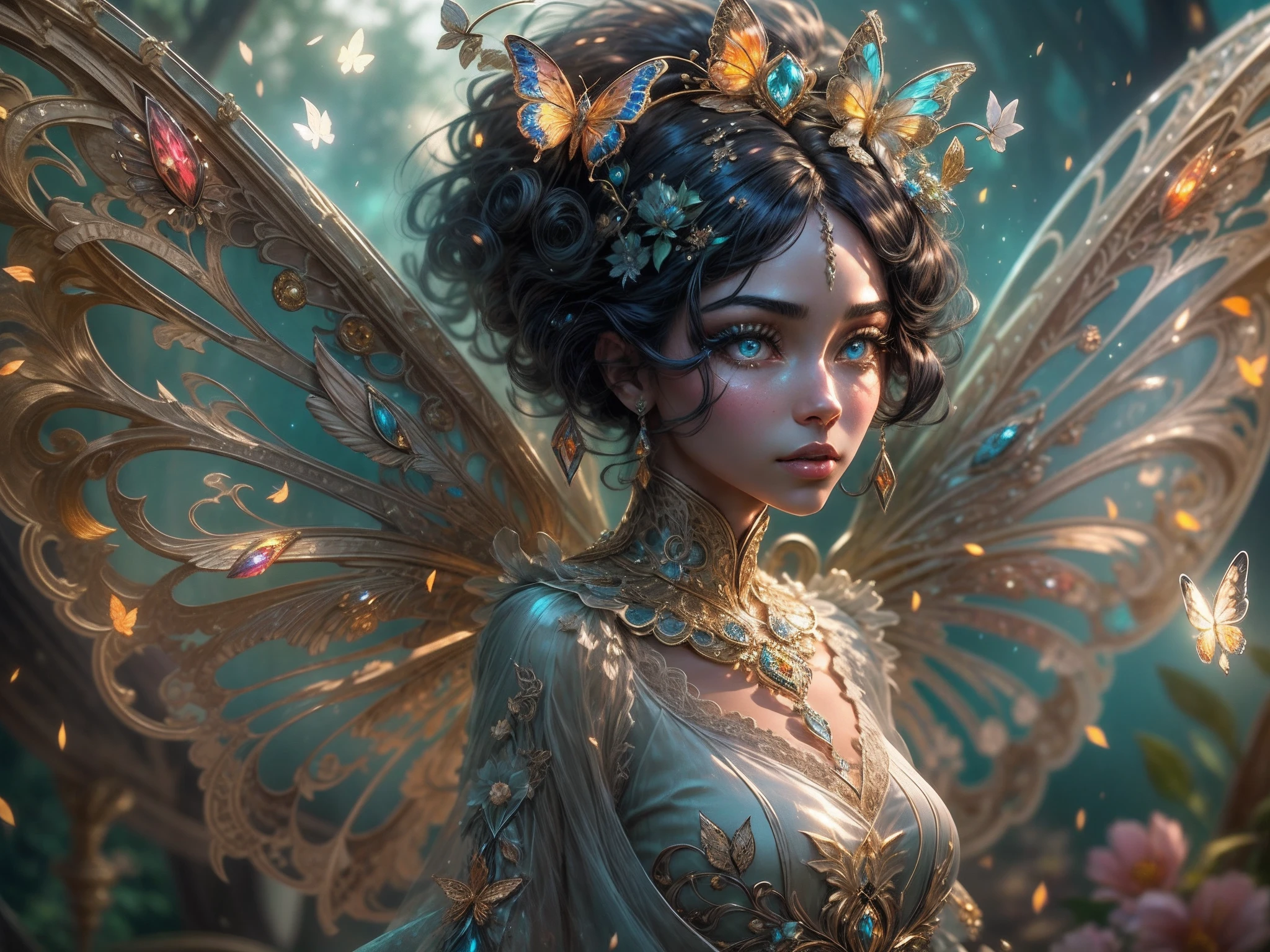 This is a realistic fantasy masterpiece with lots of shimmer, glitter, and intricate ornate detail. Generate one petite woman with a beautiful and delicate crown sitting on a garden swing at night. She is a beautiful and seductive butterfly queen with stunning curly black hair, (((incredibly realistic and detailed dynamic eyes in bright colors with realistic shading))).  Her skin is translucent white, her eyes sparkle, and her dress is elegant. Her dress is spun of the finest gossamer silk with delicate, intricate, and subtle floral detailing and gold silk butterfly sleeves. Her face is lovely and lonely. Include glow-in-the-dark flowers, lots of particles, highly realistic fantasy butteflies with translucent jewel-toned wings and fine detailing, and glow. The artwork is done in the style of Guviz and brings to mind masters in the genre such as trending fantasy works on Artstation and Midjourney. Camera: Utilize dynamic composition techniques to emphasize etherealness and delicate detail.