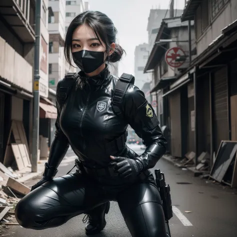 A beautiful Asian woman alone wearing a tactical swat vest she is wearing a Call of Duty ghost mask on her face., She's wearing ...