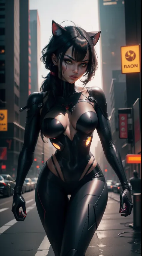 Black cat spiderman character, as a cyborg, cyberpunk style, mechanical body, organic face, sexy
