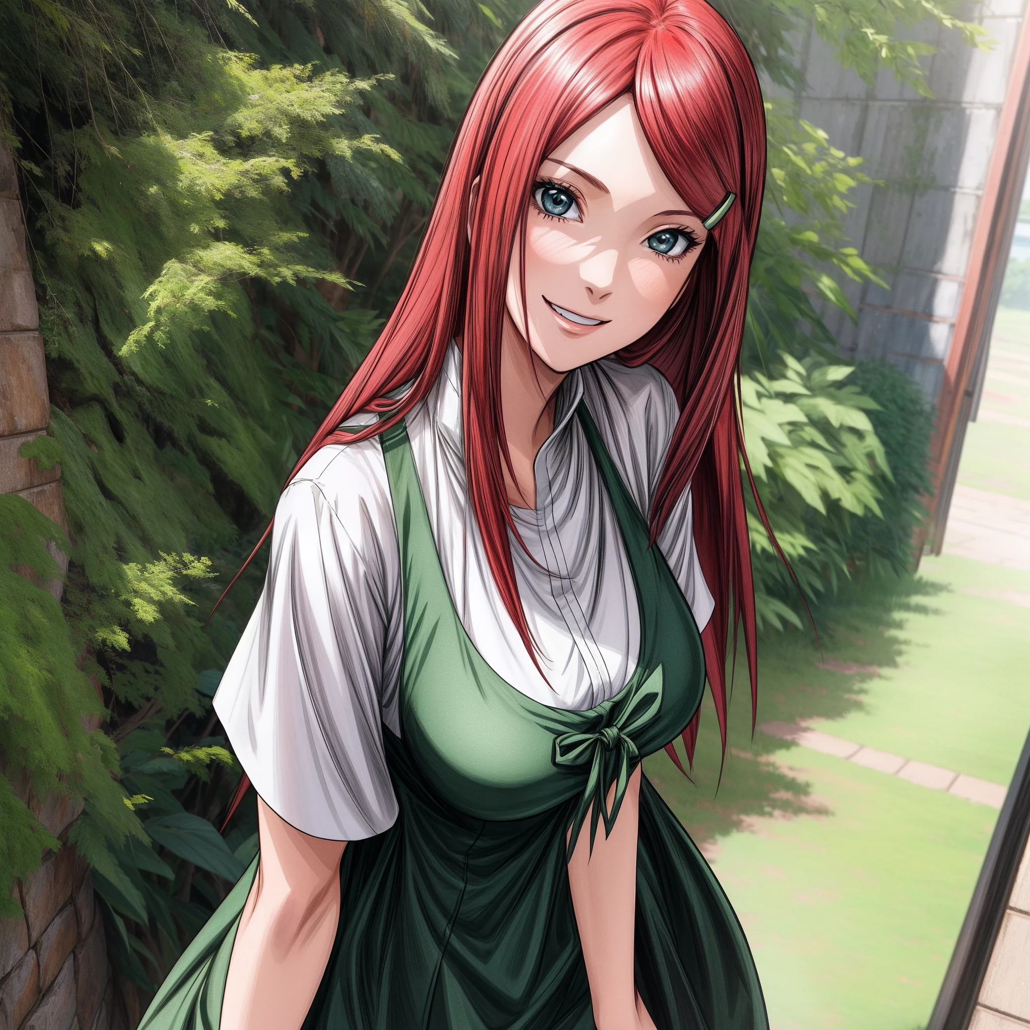 uzumaki_kushina, large_breasts, standing, solo, kushina_green_dress, masterpiece, best quality, detailed face, detailed eyes, highres, smile, (masterpiece:1.4, best quality:1.2), (Highres), (Detailed Illustration), Ultra-Detailed, konohagakure, uzumaki_kushina, kushina_green_dress, standing straight, looking in front,