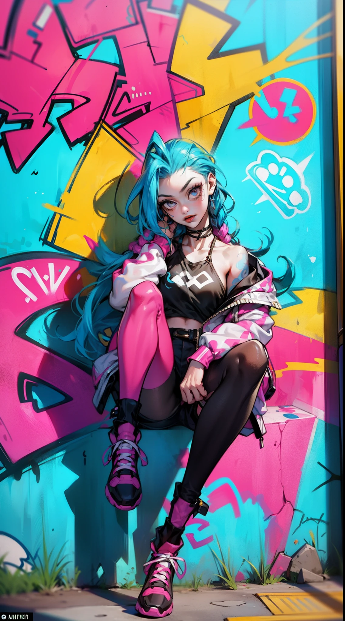 Vibrant graffiti: Adorning the walls surrounding Jinx, vibrant graffiti depicts her misadventures, adding a touch of urban artistry to the scene.