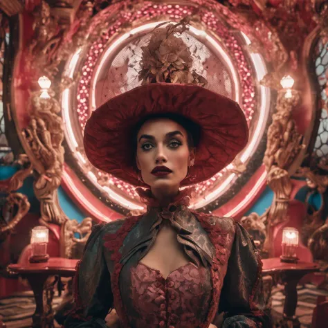 impressive huge dress, 

rococo style, 

detailed face features, 

ultra high quality model, 

big neck collar, 

hat, 

cinematic surrealist portrait, 

Fujifilm GFX 16mm F4, 

captivating hard, 

cinematic shot, 

warm red colors, 

satisfying atmosphere...