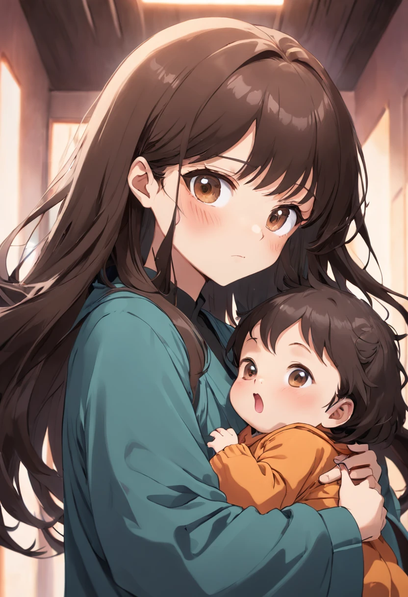 a mother, glasses, brown hair, bangs, brown clothes, holding her baby girl, long black hair, bangs, newborn clothes, nursery