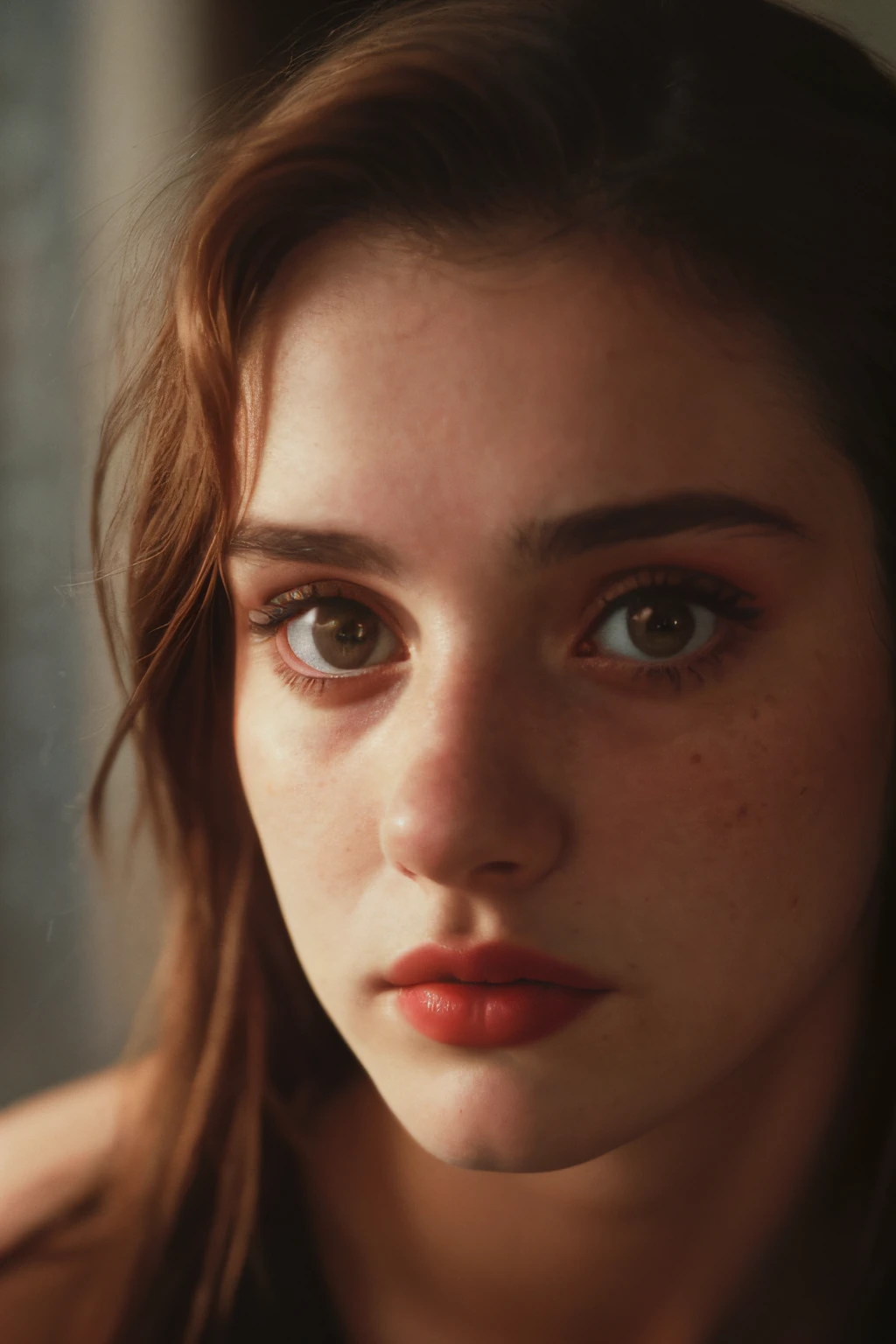 (Close-up, editorial photograph of a 21 year old woman), (high-detailed face:1.4) (sorrido:0.7) (background inside dark, Moody, private study:1.3) ass pov, Directed by: Lee Jeffries, Nikon D850 |, film stock photograph ,4 kodak portra 400 ,camera f1.6 lenses ,rich colors ,hyper realistic ,realistic texture, dramatic lighting , cinestill 800,