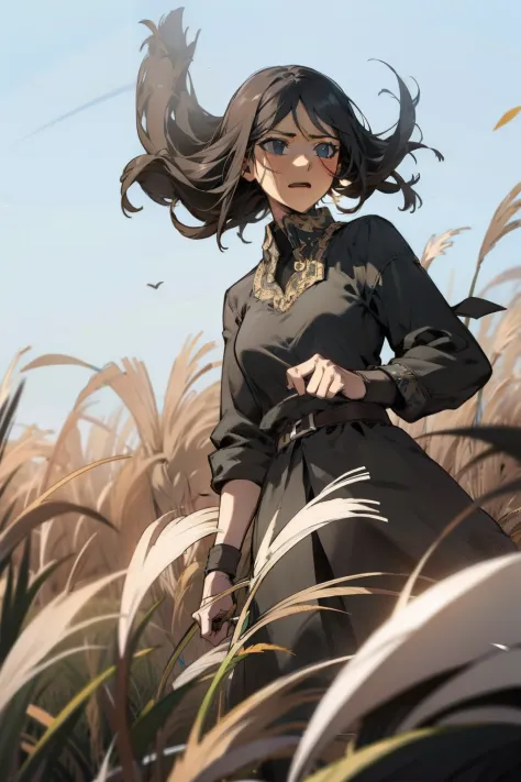 woman in a field with expression of determination