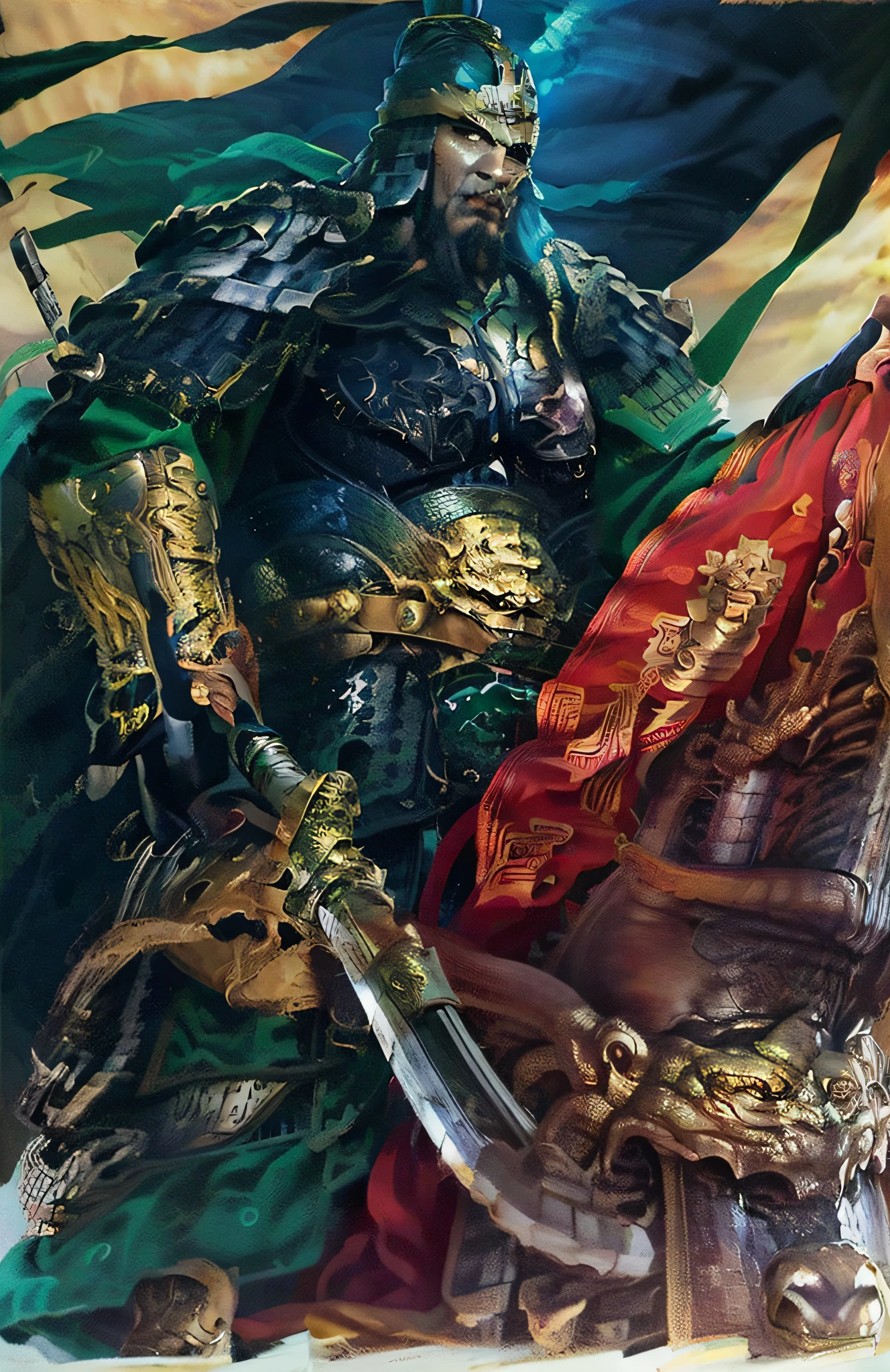 Draw a general of the Three Kingdoms riding a horse，Wearing a green robe，Wearing gold armor, Guan yu, (4K, Best picture quality, A high resolution:1.1), (Masterpiece:1.1), mtu, (Chinese male:1.2), Middle Age, Warriors, A detailed eye, lbeard, musculous, Strong, bravery, bravery, Powerful, glorious,Be disciplined，self-assured，looking at viewert，the face，Bracers，shelmet，Armour，handheldweapons, portrait of drizzt do'urden, Lott fanwork, Chinese Han Dynasty armor, lord of the ring art, inspired by Fan Kuan, epic full color illustration, author：Karen Beit, full art illustration