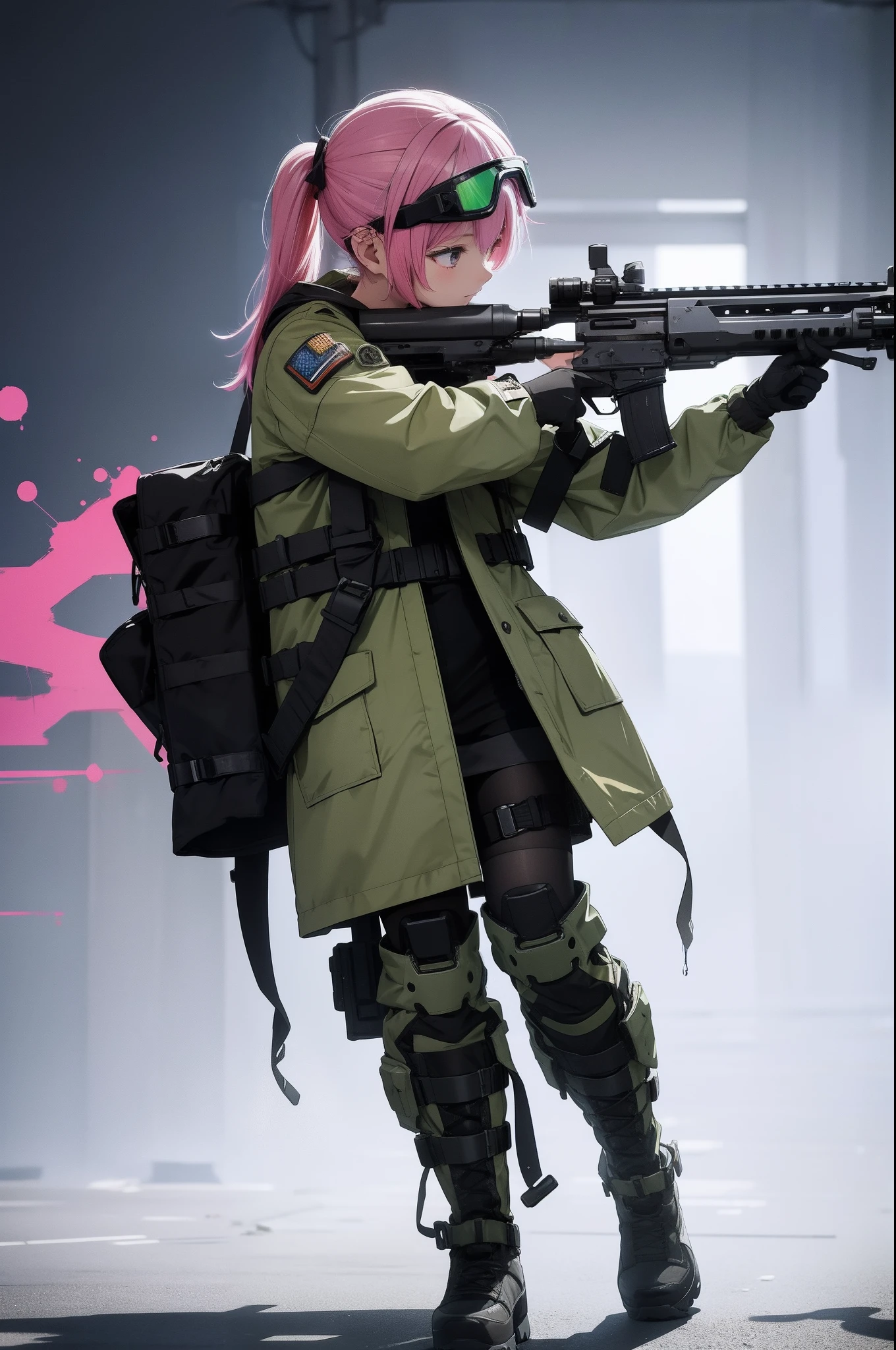 Girl shooting paint bullets、Colorful assault rifle in hand、Survival Games、Paint drips on the shield,wearing goggles、long boots、Military fashion in pastel colors