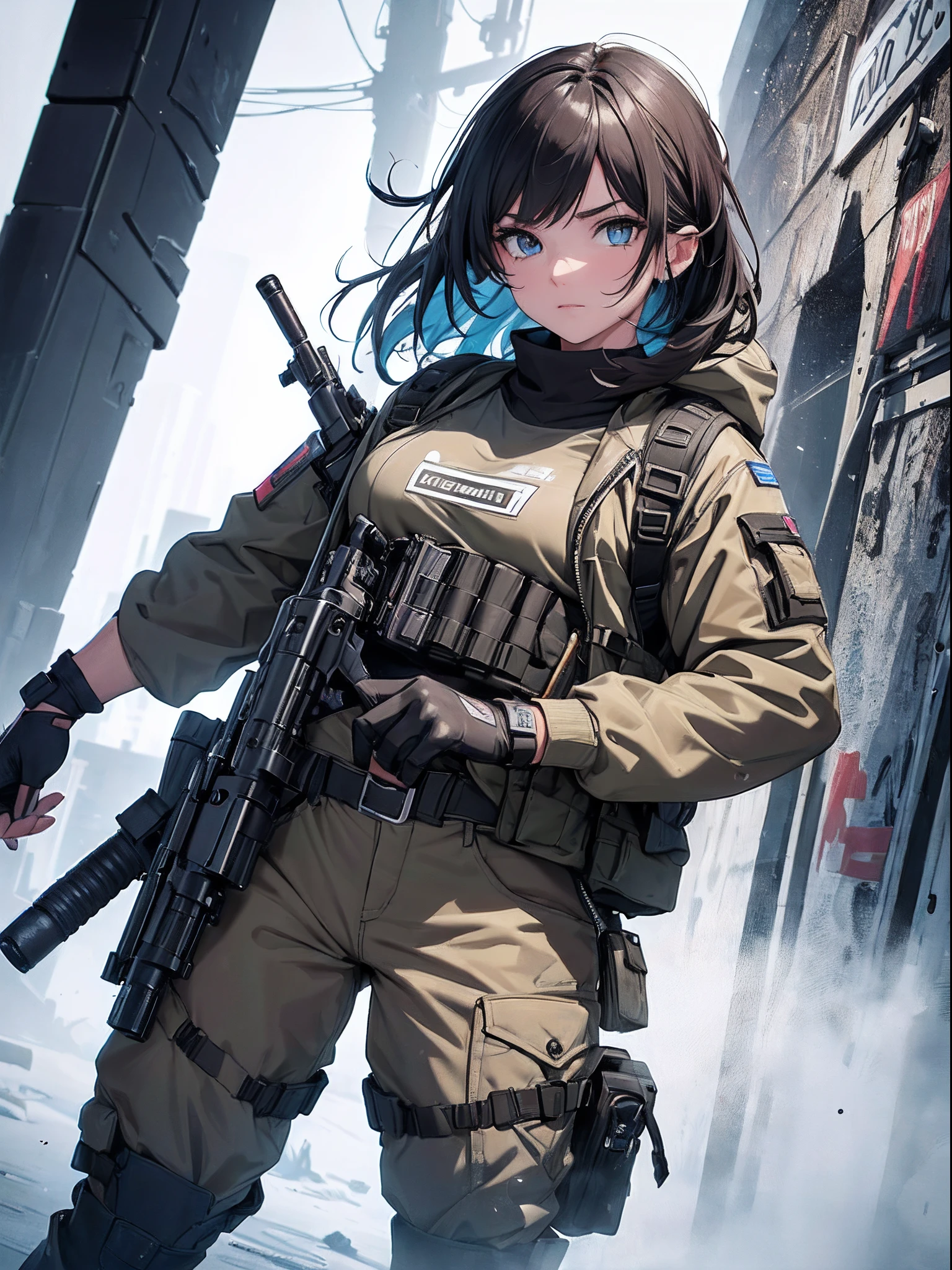 (8k, 16k, best quality, highres, high quality, high details, super detail, anatomically correct, UHD, masterpiece:1.4),(1girl in),Girl shooting paint bullets, Colorful assault rifle in hand, Survival Games, Paint drips on the shield, wearing goggles, long boots, Military fashion in pastel colors,Battlefield tension,Bulletproof vest,detailed finger,