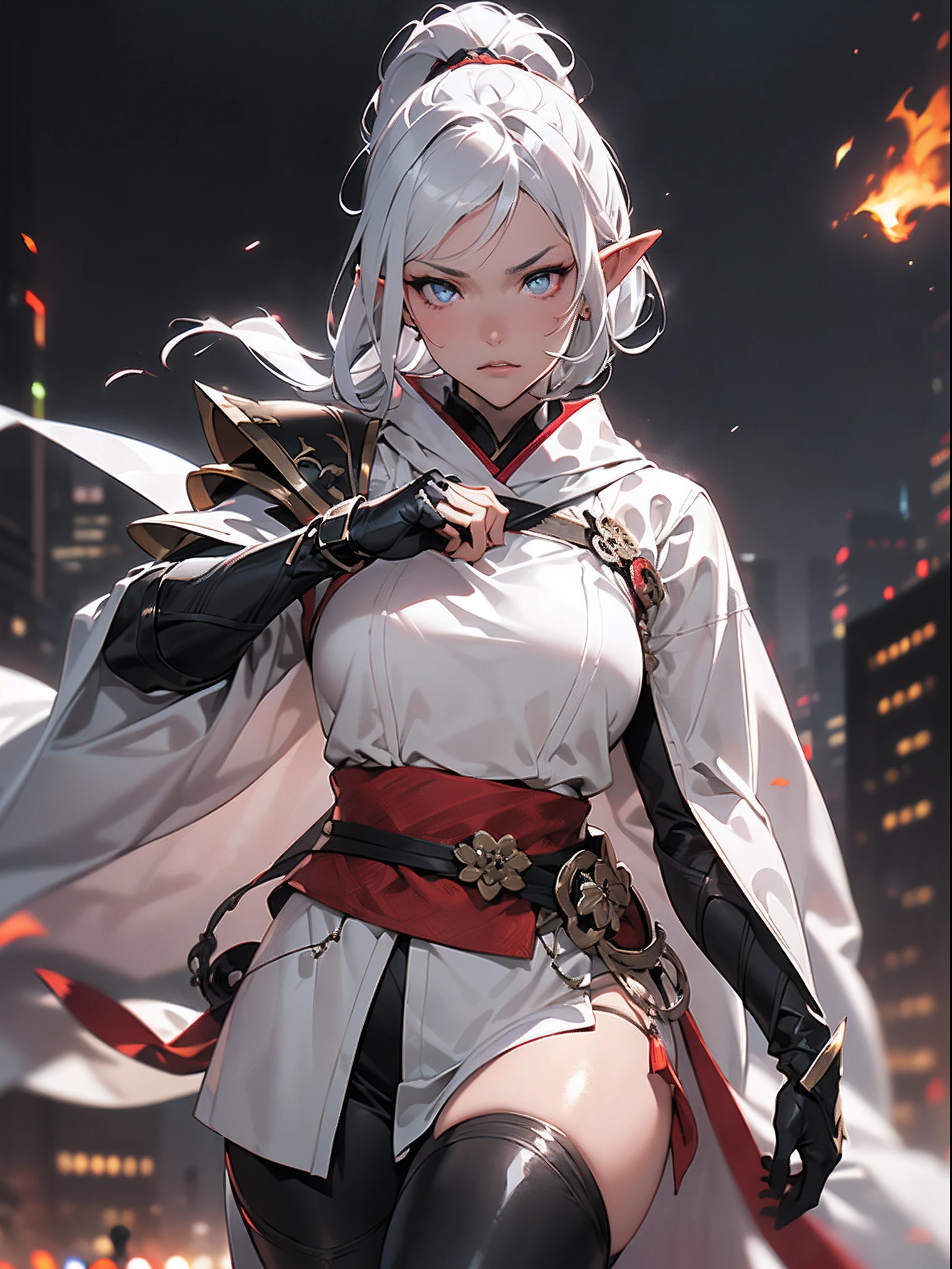 ((jpn)),((Best Quality)),((Beautifully painted)),((hight resolution)),1girl in,(((Beautiful Elven Daughter))),((onmyouji))),(((suikan))),((White cloak with red decoration)),Luminescent bushy silver-haired ponytail,Shining eyes,(((Black gauntlet and gloves))),nice hand, Perfect hands,((Quick Steps)),(((Fight black demon monsters on the streets of a big city at a fierce night))),((Flying flames)),armor,(facefocus),(((Motion Blur))),(((Dynamic Angle))),((Cinematic lighting))