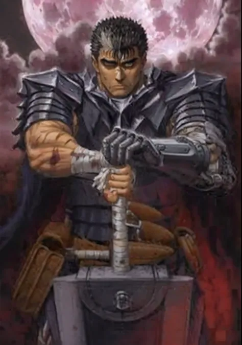 masterpiece, best quality, highly detailed, guts \(berserk\),  dynamic angle, from above, running fighting stance, attack battle form, floating debris dust stones winds,armor,  one eye closed, scar, bandages, black hair, cape, male focus, manly, holding sw...