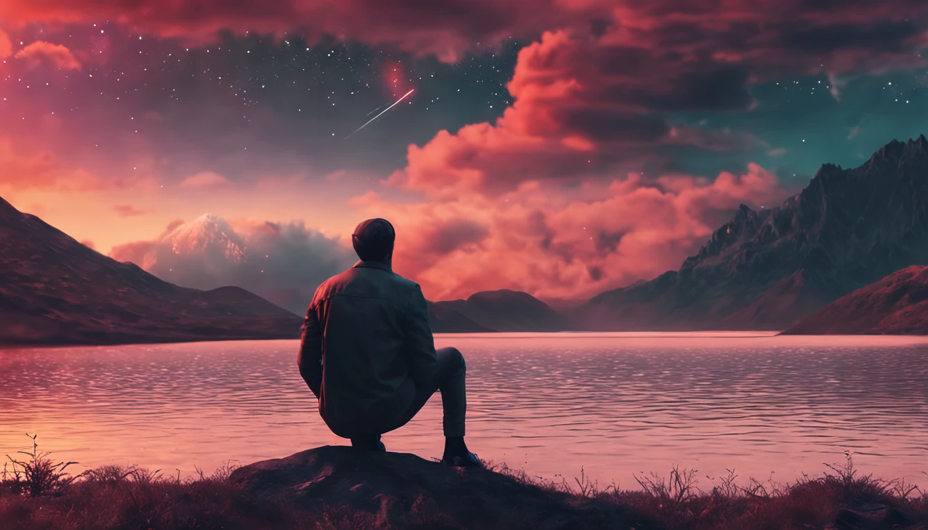 A Man sitting gazing at the sky of stars