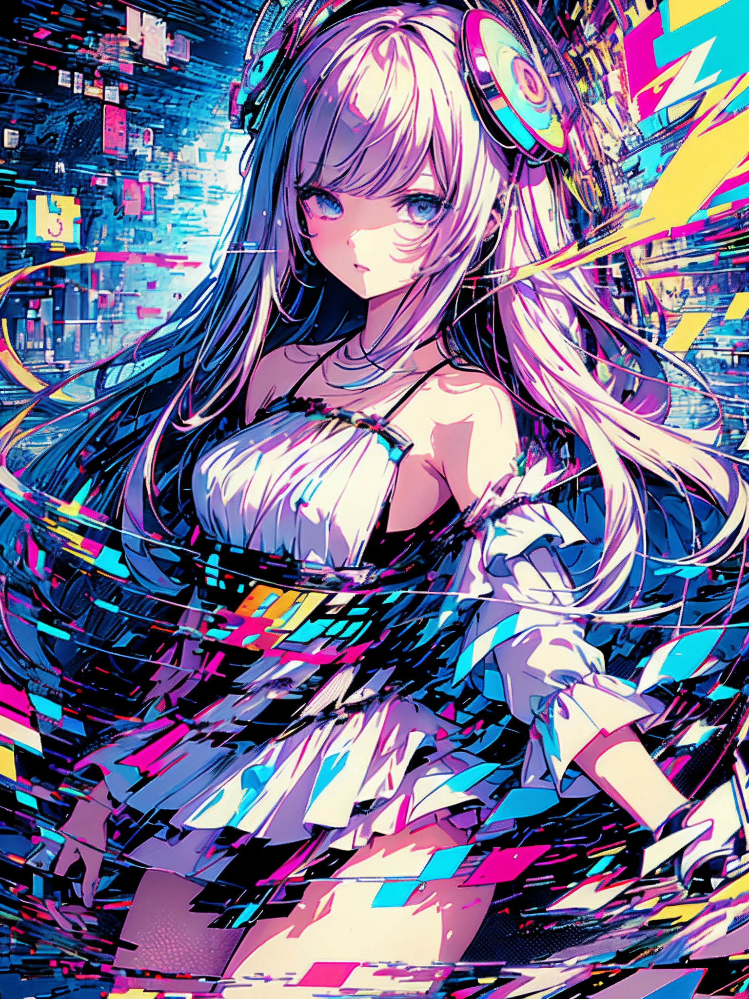 (​masterpiece、top-quality、top-quality、Official art、beautifly、Aesthetic:1.2、(1girl in:1.3)、glitch art、(digital distortion)、pixelated fragments、data corruption、Colorful Noise、Visual confusion、modern aesthetic、Runaway light and electricity、Atmospheric swimwear、steam、fumo、A vortex of chaos and madness