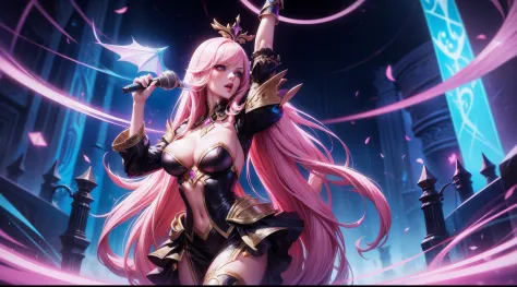 Seraphine from League of Legends, long pink hair, white skinned, tall, blue eyed, fit, queen, vocalist, popstar singing in concert, riot games splash art