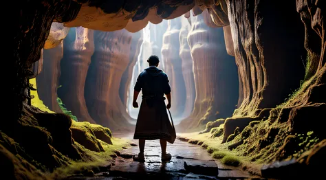 uma foto de um homem em uma caverna gritando, historia de fundo: Caverna, epic biblical representation, Senhor das Bestas, Deus ...