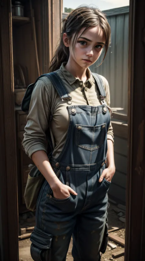(masterpiece, best quality, realistic, detailed, sharp:1.2), intricate details, oxidetech, (shot photo of 1girl), wearing overalls, (hands inside pockets:1.2), dirty, post-apocalypse,