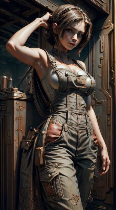 (masterpiece, best quality, realistic, detailed, sharp:1.2), intricate details, oxidetech, (shot photo of 1girl, 20s, big breasts, slim waist, wide hips), wearing overalls, (hands inside pockets:1.2), dirty, post-apocalypse,