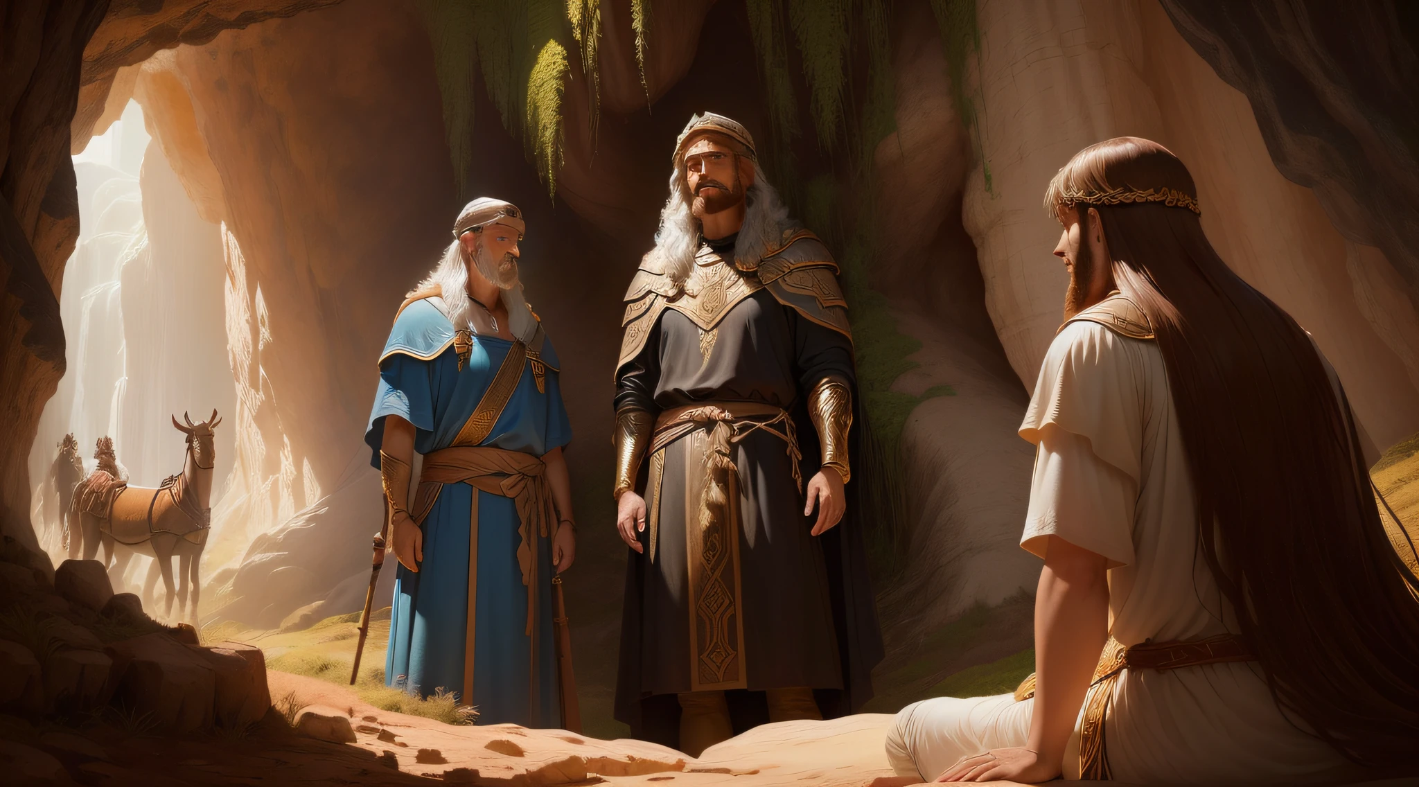 a king in front of a cave calling for daniel, epic biblical representation , background: Lord of the Beasts cave, god looking at me, Directed by: Howard Lyon, Senhor da Selva, bible illustration, biblical image, Directed by: Leonard Long, jungle king, prophetic art