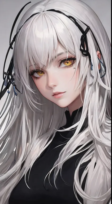 colorful,highest detailed, woman with white really long messy beautiful detailed hair serious eyes, dull eyes, dead inside, dark yellow eyes, beautiful, majestic, samurai, evil, oni
