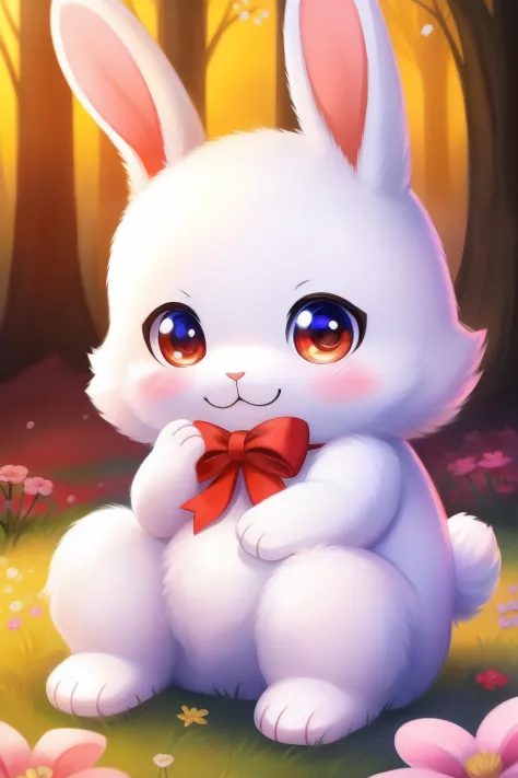 There is a large white rabbit with a flower in its mouth, adorable digital art, lovely digital painting, cute anthropomorphic bunny, animal bonito, arte digital detalhada bonito, bonito bonito, o coelhinho tem pelo rosa, cute colorful adorable, lindo e bon...